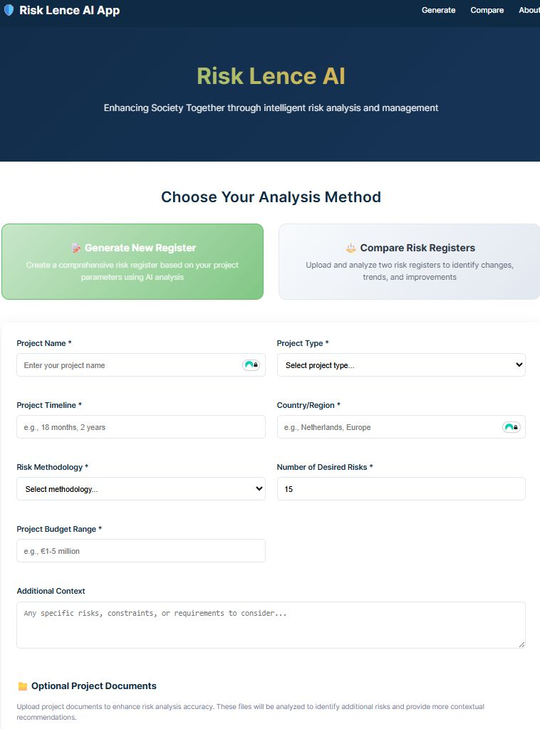The Risk Lens app interface, where a risk manager submits a project description and receives the generated risk register.